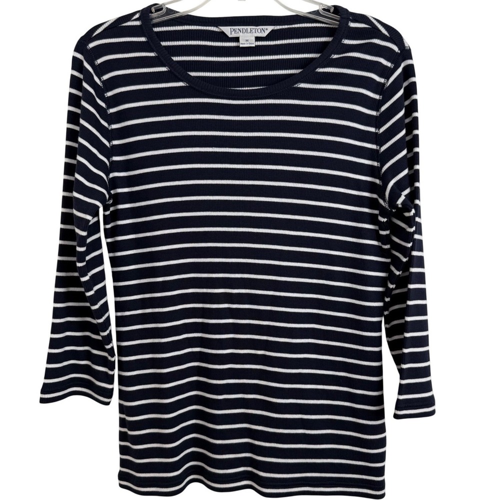 Pendleton Striped Cotton Top Long Sleeve Ribbed Knit Navy White Womens Medium